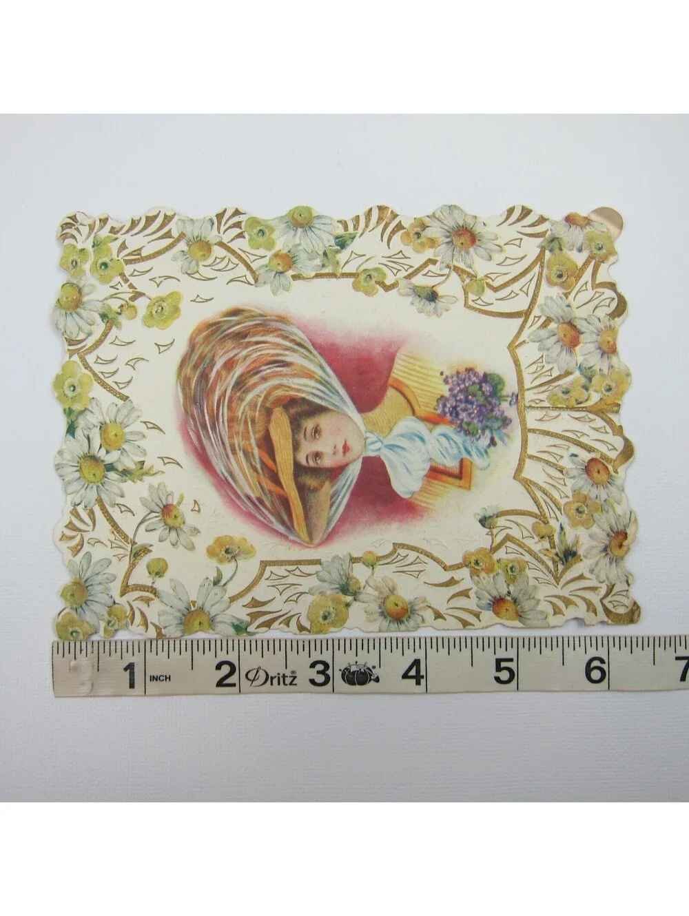 Vintage Valentine Card 1910s Woman Straw Hat Feather Scarf Flower Die cut Bifold